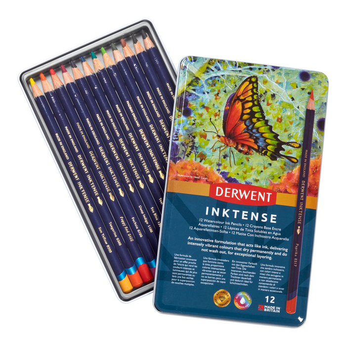 Caja Metal Lápices de Colores Derwent Inktense Pencils Acuareables 12 unidades