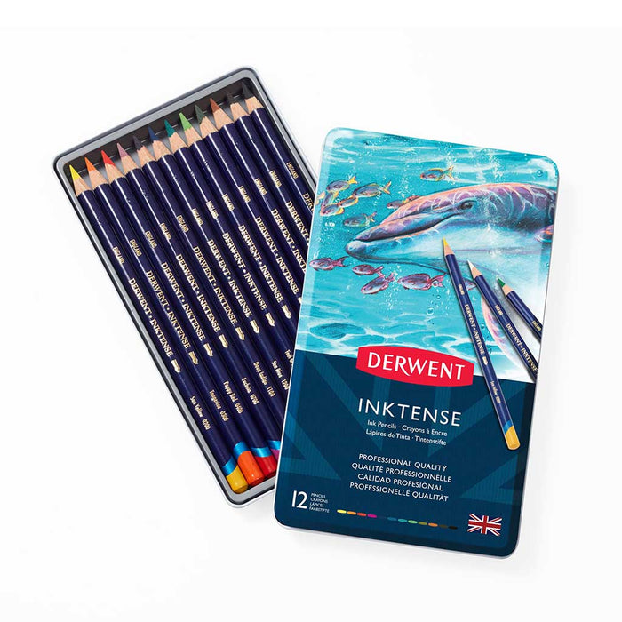 Caja Metal Lápices de Colores Derwent Inktense Pencils Acuareables 12 unidades