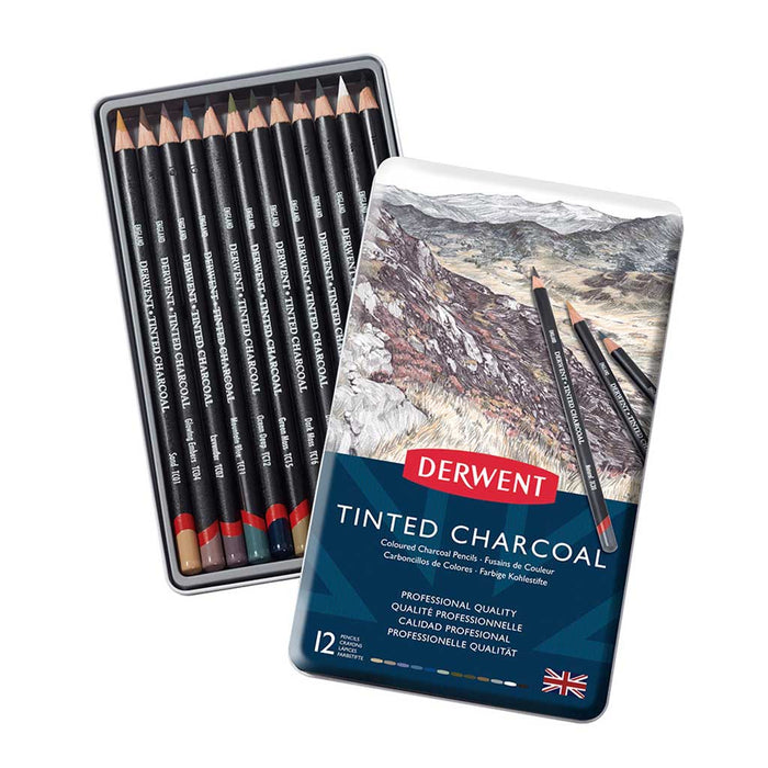 Caja Metal Lápices de Carboncillo Derwent Pencil Tinted Charcoal 12 unidades