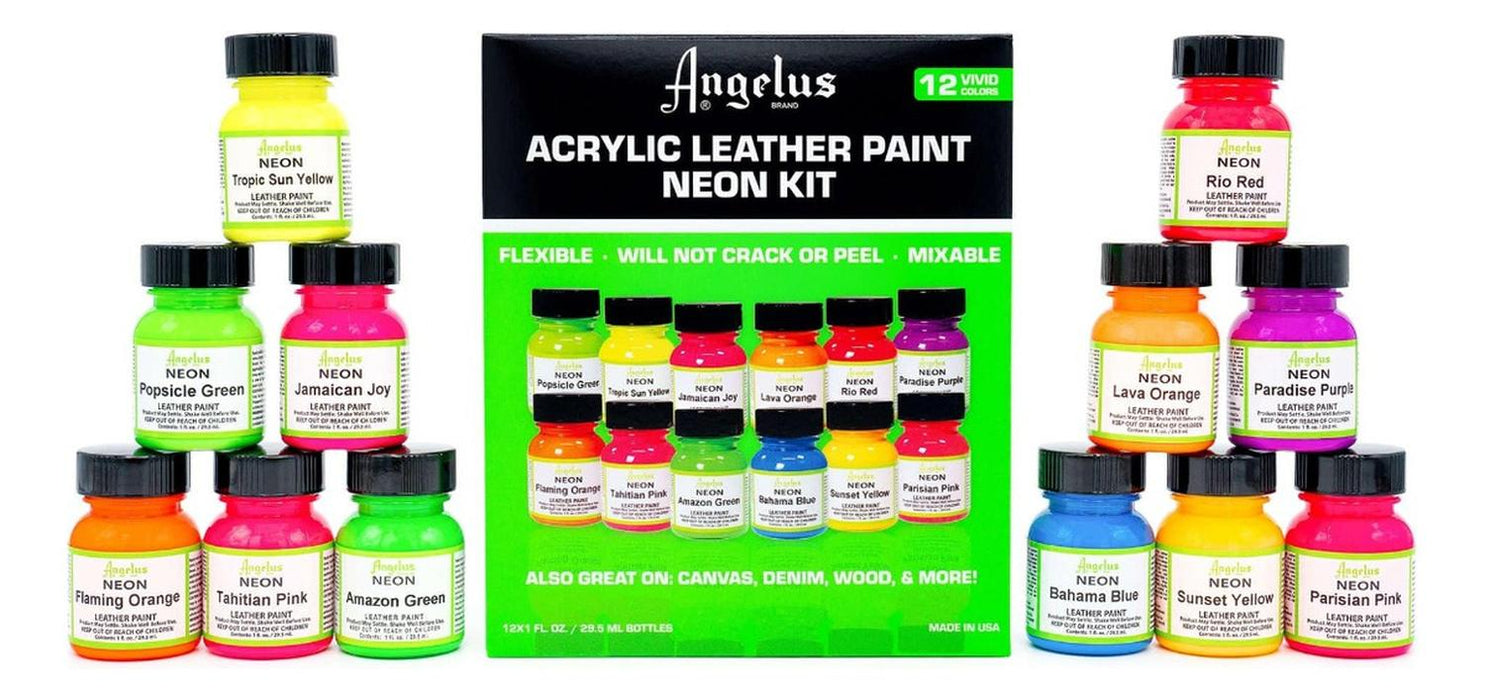 Set 12 Pinturas Neon Acrílicas para Cuero Angelus