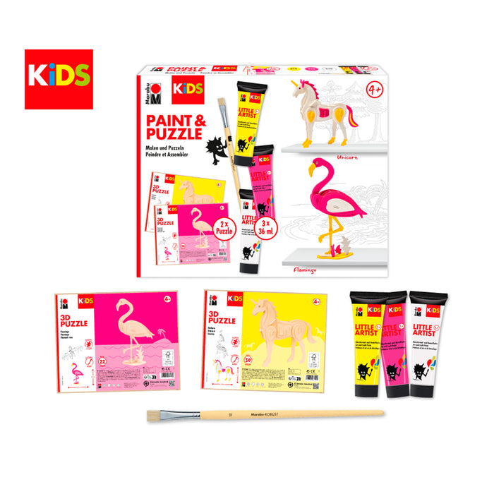 Set puzzle 3D Unicornio y Flamenco + pintura Marabu Kids