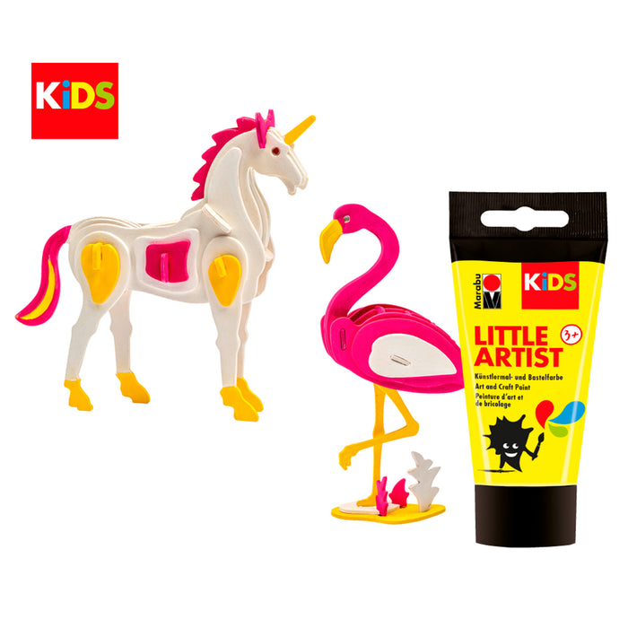 Set puzzle 3D Unicornio y Flamenco + pintura Marabu Kids