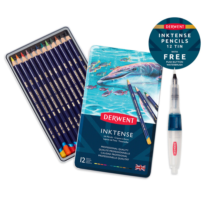 12 lápices de color Inktense + Pincel Push Button de regalo - Derwent