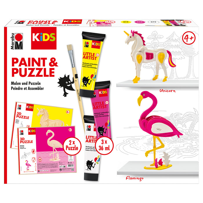 Set puzzle 3D Unicornio y Flamenco + pintura Marabu Kids