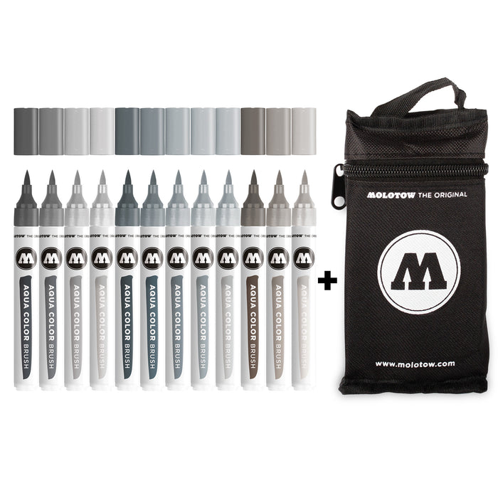 Set 12 rotuladores grises Aqua color brush + estuche - Molotow