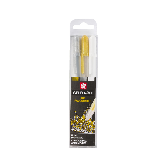 Set 3 bolígrafos metalizados de gel Gelly roll Oro, Plata y Blanco