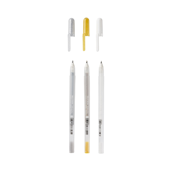 Set 3 bolígrafos metalizados de gel Gelly roll Oro, Plata y Blanco