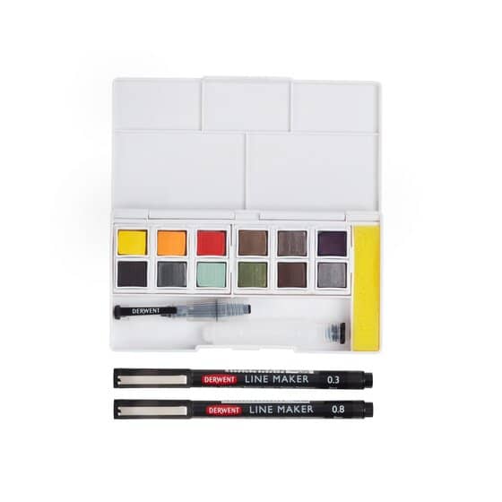 Set acuarelas mixtas Line and Wash 12 colores + 2 calibrados + pincel - Derwent