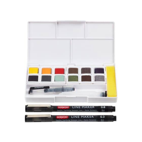 Set acuarelas mixtas Line and Wash 12 colores + 2 calibrados + pincel - Derwent