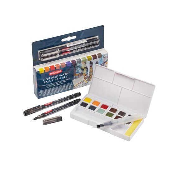 Set acuarelas mixtas Line and Wash 12 colores + 2 calibrados + pincel - Derwent